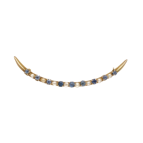10K Yellow Gold Montana Sapphire & Pearl Crescent Pin j7045